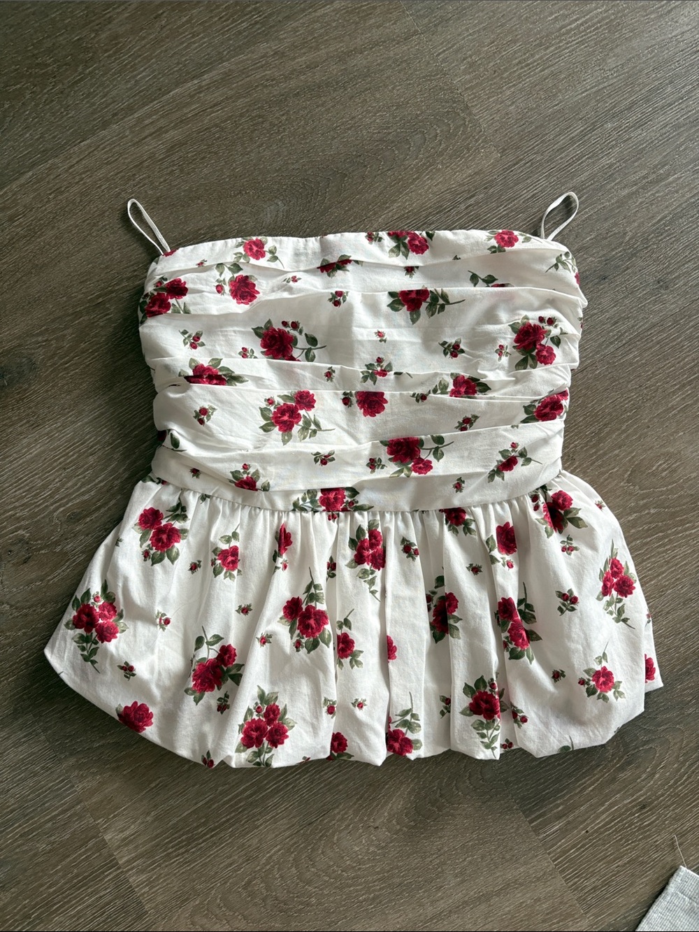 Hollister White Floral Ruched Peplum Cami with Red Rose Print